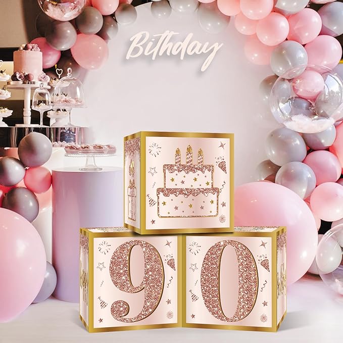 3Pcs 90th Birthday Decorations Boxes for Women Pink Rose Gold 90th