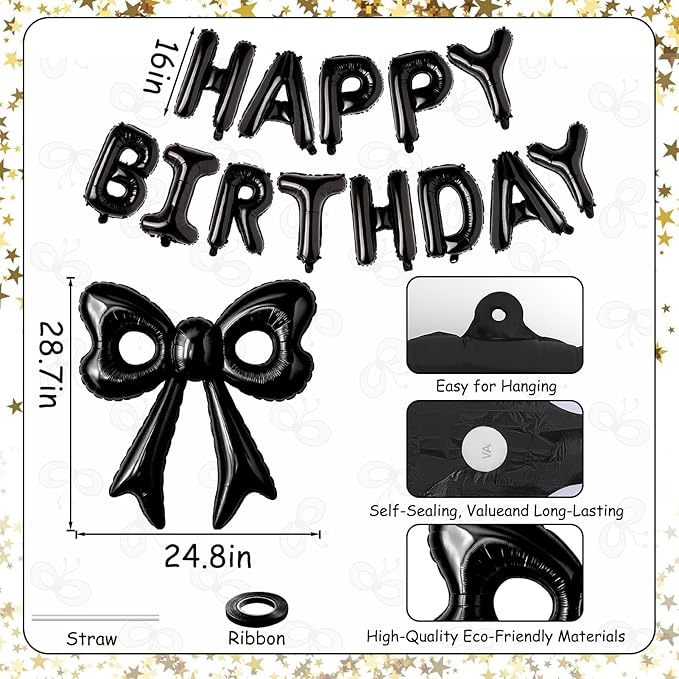 Black Happy Birthday Balloons, 31”Huge Black Bow Aluminum Foil