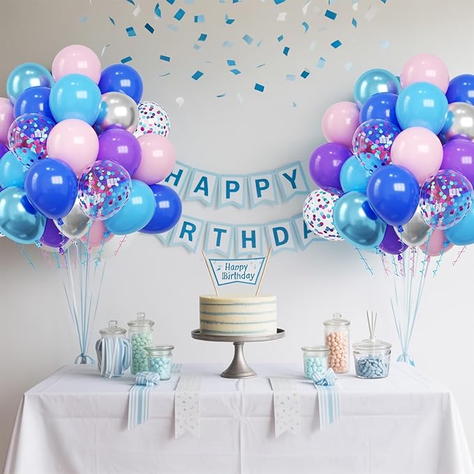 Pink and Blue Balloons, 60PCS Dark Light Blue Purple Party Balloons,