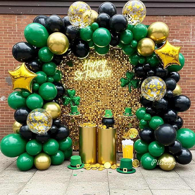 Double Stuffed Dark Green Black Gold Balloon Arch Kit 104Pcs Emerald