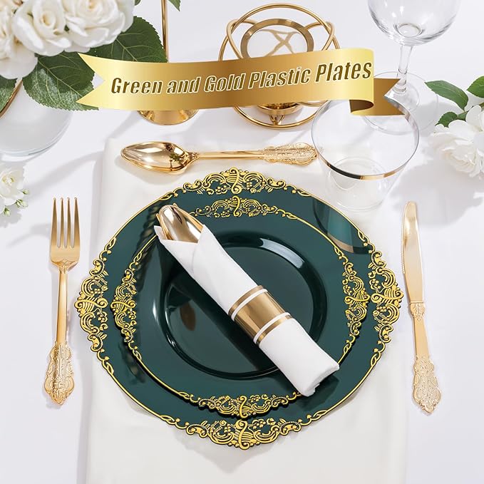Nervure 175PCS Green Plastic Plates - Disposable Green Gold Party