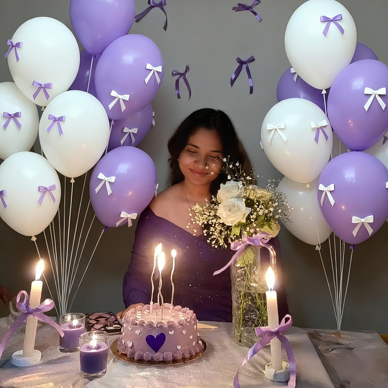 Purple Bow Birthday Decorations, Purple Happy Birthday Banner with