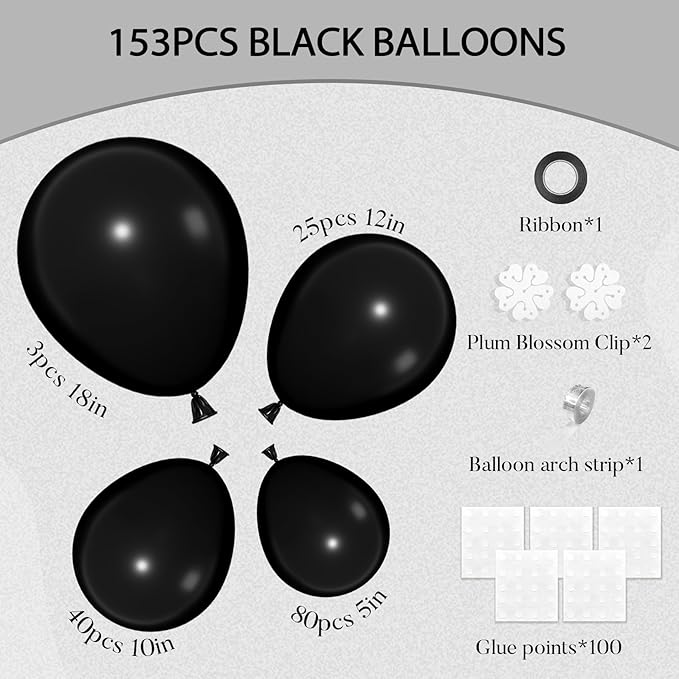Amandir 153 Pcs Black Balloons Arch Garland Kit, Different Sizes 18