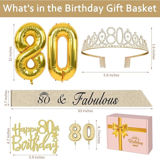 80th Birthday Decorations for Women Gold with 80th Birthday Sash and