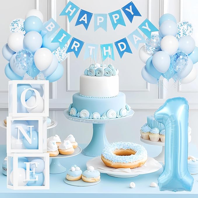 First Birthday Decorations for Boy, 40 Inch Blue Number 1 Balloons,