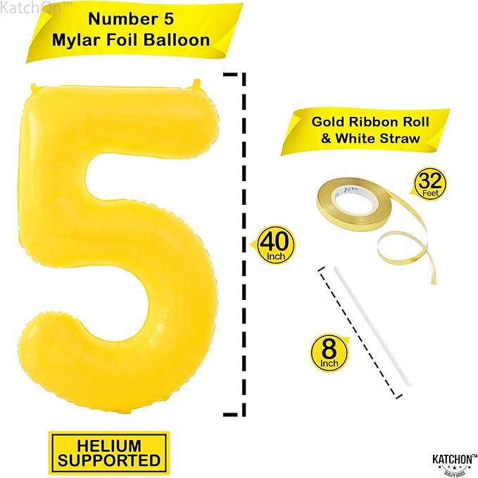 KatchOn, Yellow Number 5 Balloon - Giant, 40 Inch | Yellow 5 Balloon,