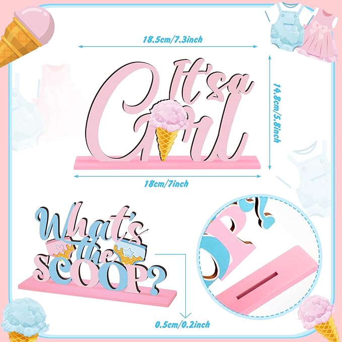 6 Pcs Ice Cream Gender Reveal Wooden Table Decorations Topper Blue
