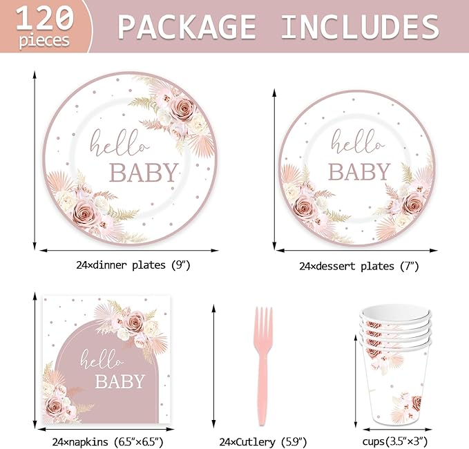 120PCS Boho Baby Shower Party Plates and Napkins Cups Hello Baby