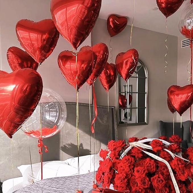 Red Heart Balloons, 18 Inch Metallic Red Foil Balloon Helium 10Pcs