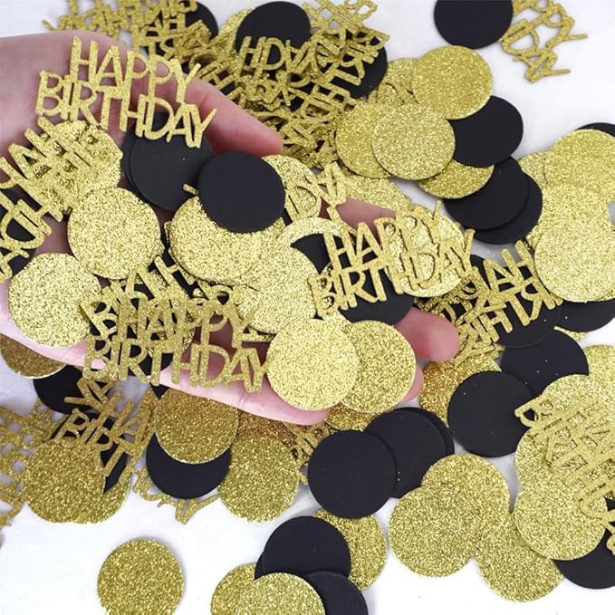 Happy Birthday Confetti, Glitter Gold and Black Birthday Table