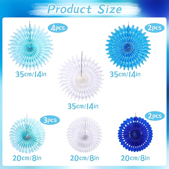 SUNBEAUTY Pack of 13 Blue White Hanging Honeycomb Paper Fans Party