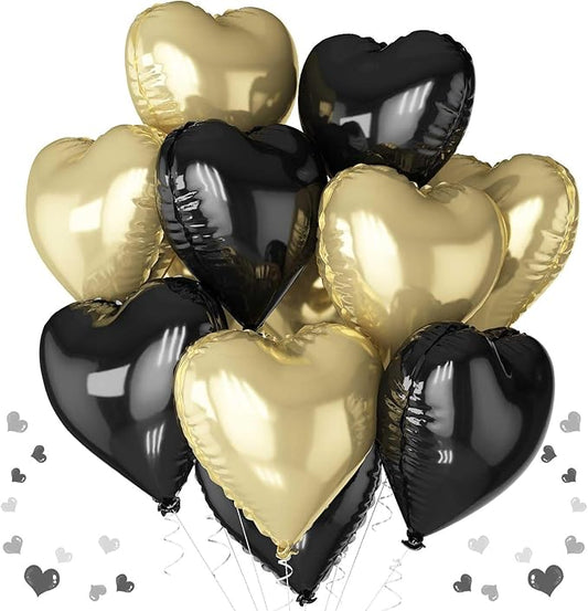Black Gold Foil Heart Balloons, 18 Inch 10 Pcs Light Gold and Black