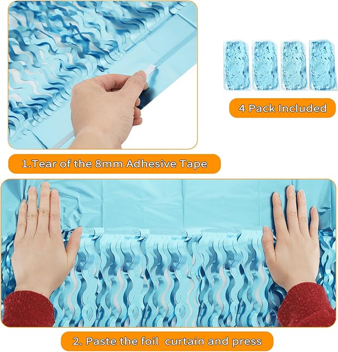 4 Pack Wavy Blue Foil Fringe Curtain 3.3x6.6 Feet | Blue Streamers