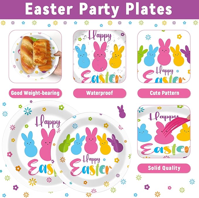 96Pcs Easter Bunny Peeps Party Plates and Napkin Party Supplies