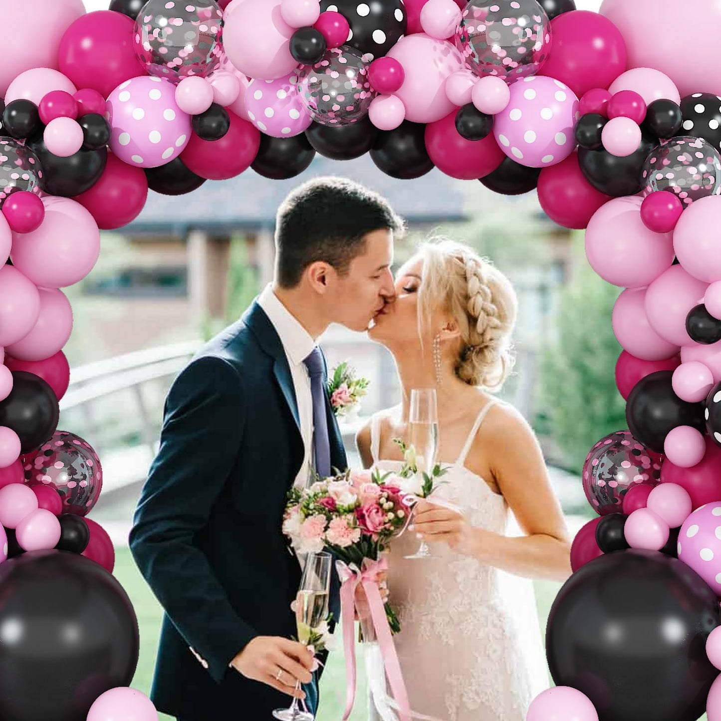 Pink Black Balloon Arch Kit, Pastel Hot Pink Black Dot Balloons