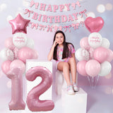12th Birthday Decorations for Girls Pink Number 12 Balloon Bow