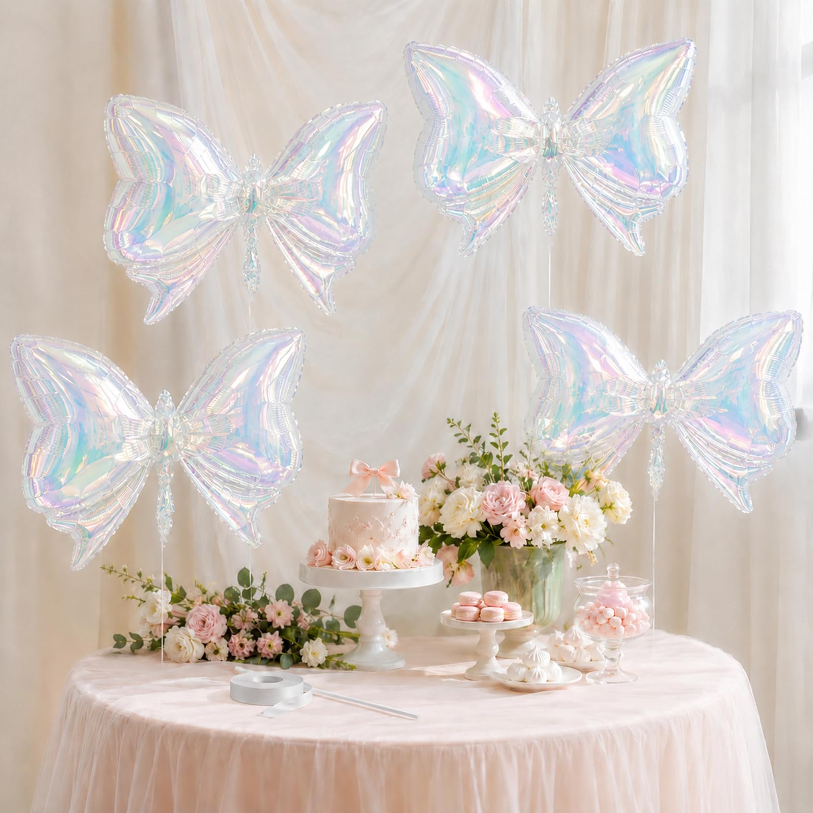 Iridescent Bow Balloons, 4 Pcs Clear Rainbow Holographic Foil Balloons