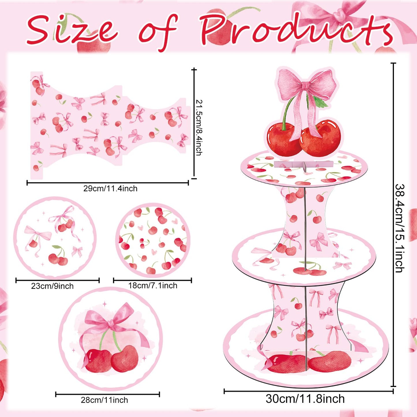 Cherry Bow Birthday Party Decorations - 3 Tier Pink Bow Cupcake Stand