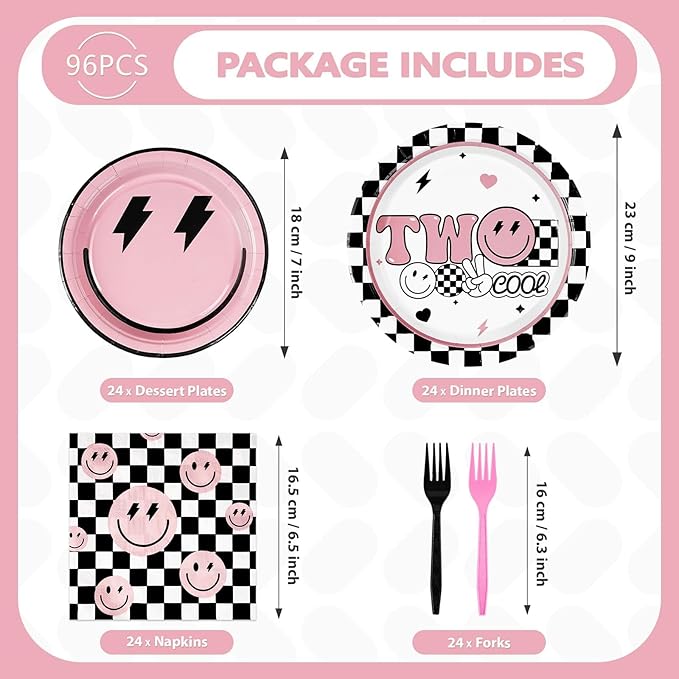 96 Pcs Two Cool Dude Birthday Party Decorations Pink 2nd Birthday