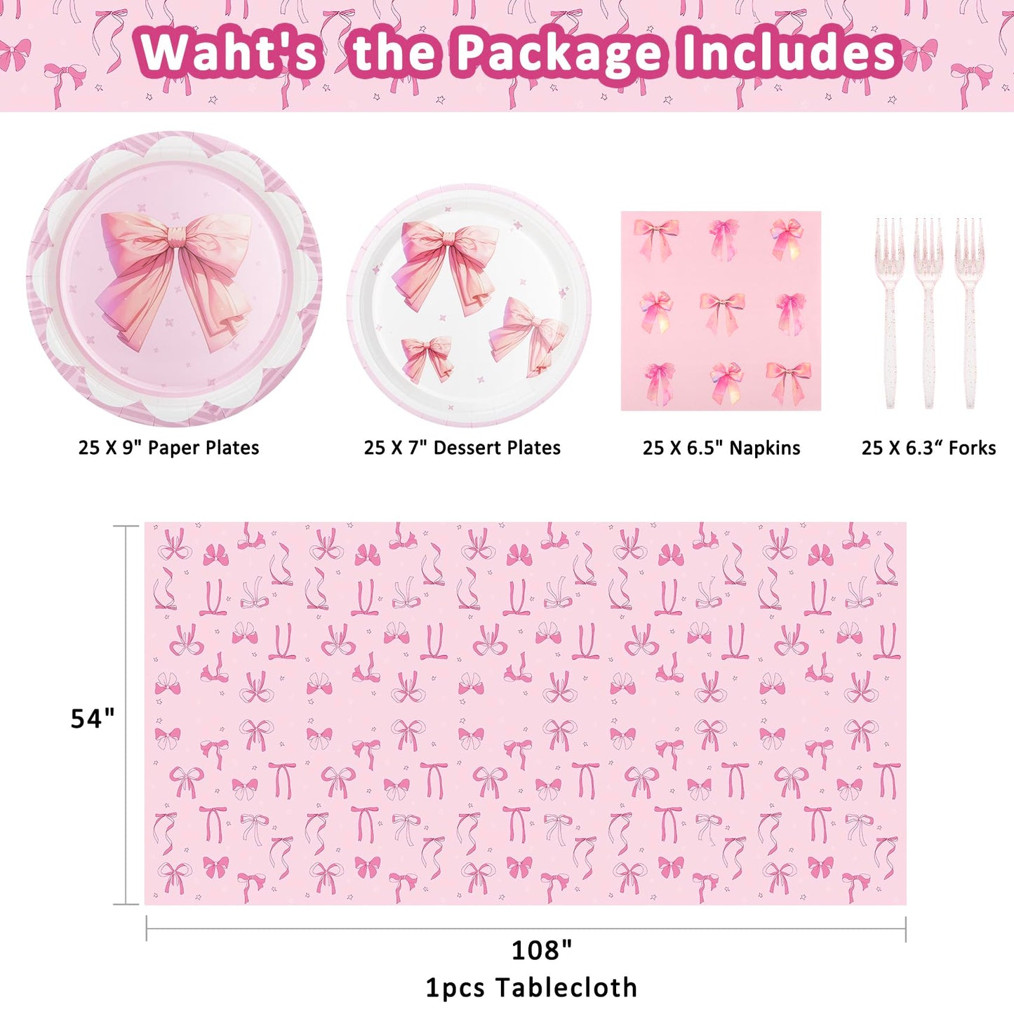 Pink Bow Party Plates and Napkins Supplies - 25 Disposable Plates, 25