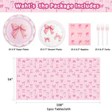 Pink Bow Party Plates and Napkins Supplies - 25 Disposable Plates, 25