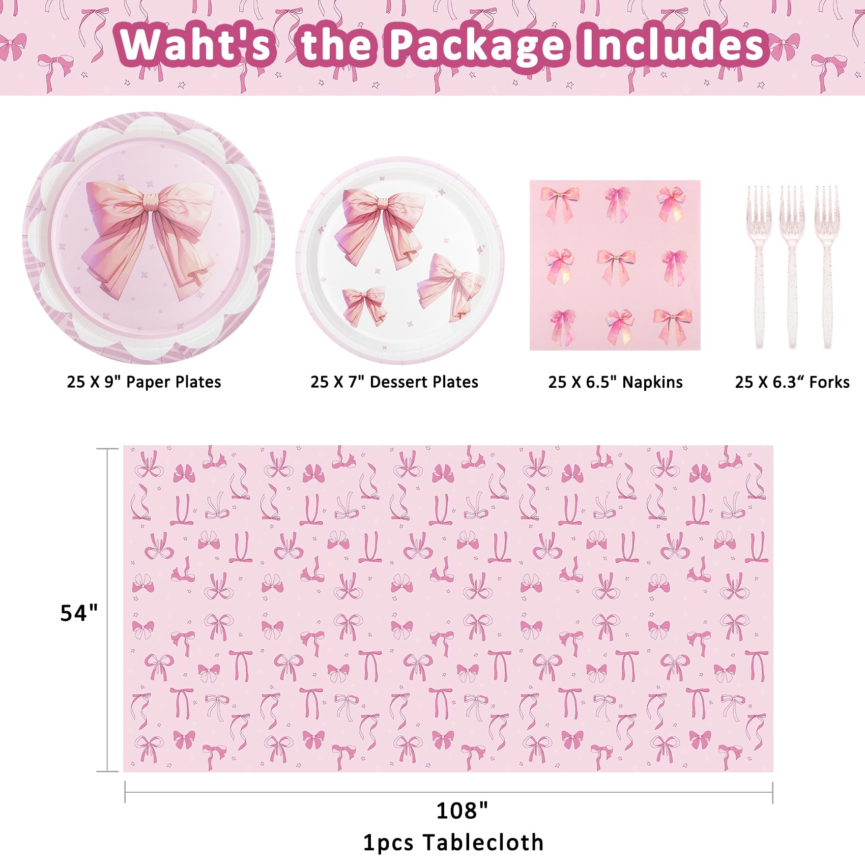 Pink Bow Party Plates and Napkins Supplies - 25 Disposable Plates, 25