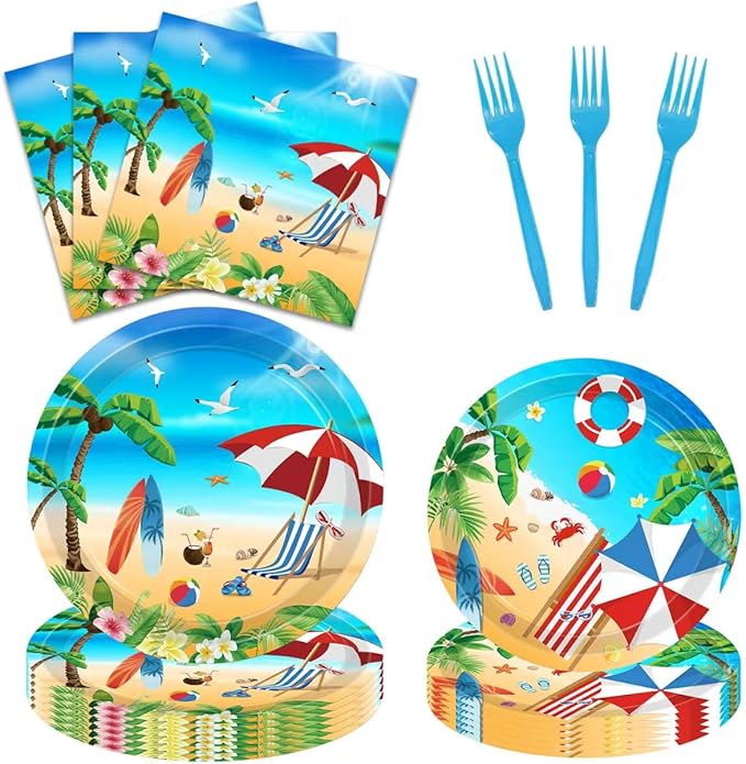 96 Pcs Beach Party Supplies Summer Beach Plates and Napkins Set