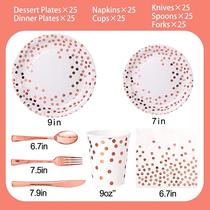 175PCS Rose Gold Party Supplies,Rose Gold Dot on White Paper Plates