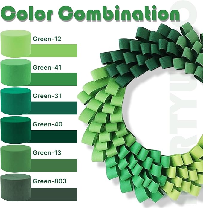 PartyWoo Crepe Paper Streamers 6 Rolls 492ft, Pack of Grass Green and