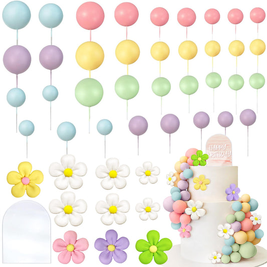 46 PCS Boho Groovy Cake Topper Mini Balls Acrylic Retro Hippie Daisy