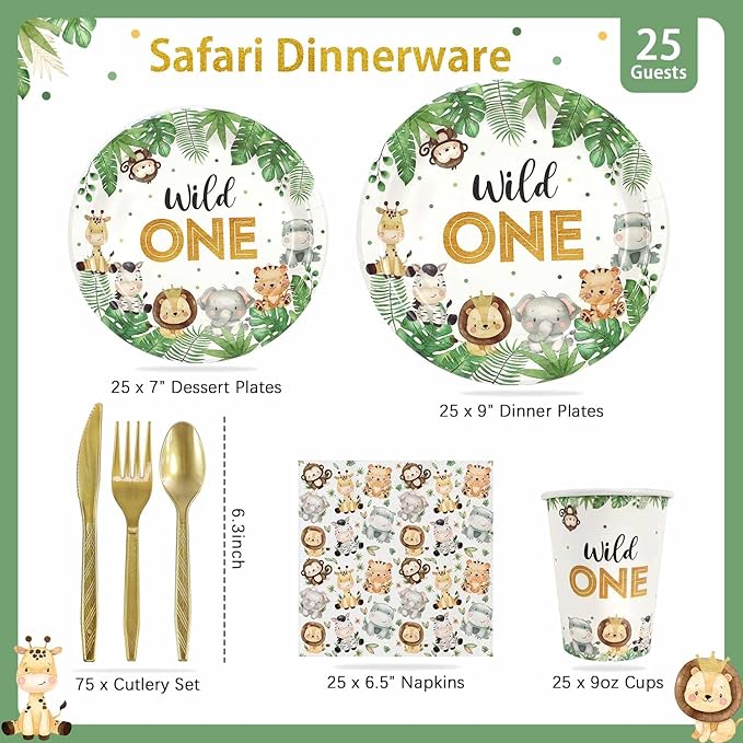 175 Pcs Wild One Birthday Decorations Plates Set 25 Guests Safari