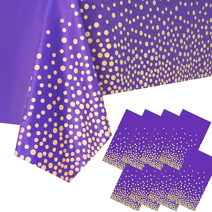 8 Packaging Purple and Gold Plastic Tablecloth, 54 inch x108 inch