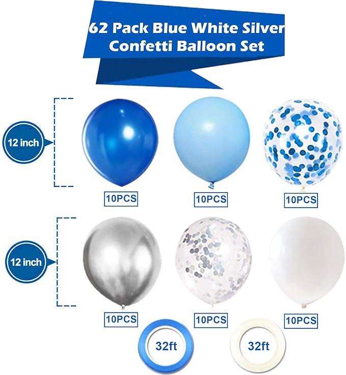 OuMuaMua 62pcs Blue Silver White Confetti Balloons Kit, 12 Inch White