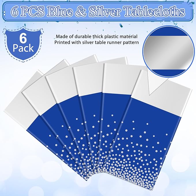 6Pcs Blue and Silver Tablecloth Party Decorations,Plastic Royal Blue