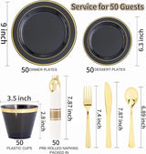 350 Pieces Black and Gold Plastic Plates with Disposable Silverware,