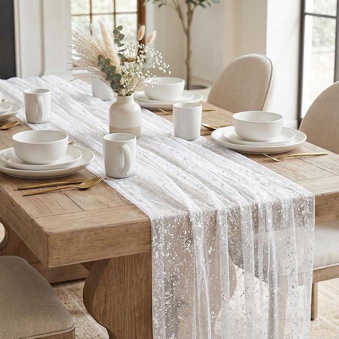 Artoid Mode White Silver Gauze Table Runner 59x120 Inch 10FT, Glitter