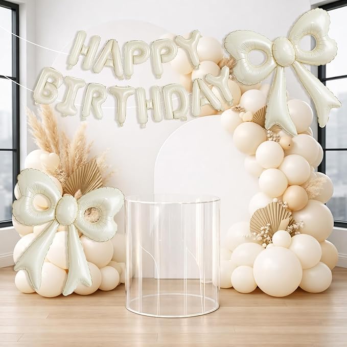Cream Happy Birthday Balloons, 31”Huge Beige Bow Aluminum Foil