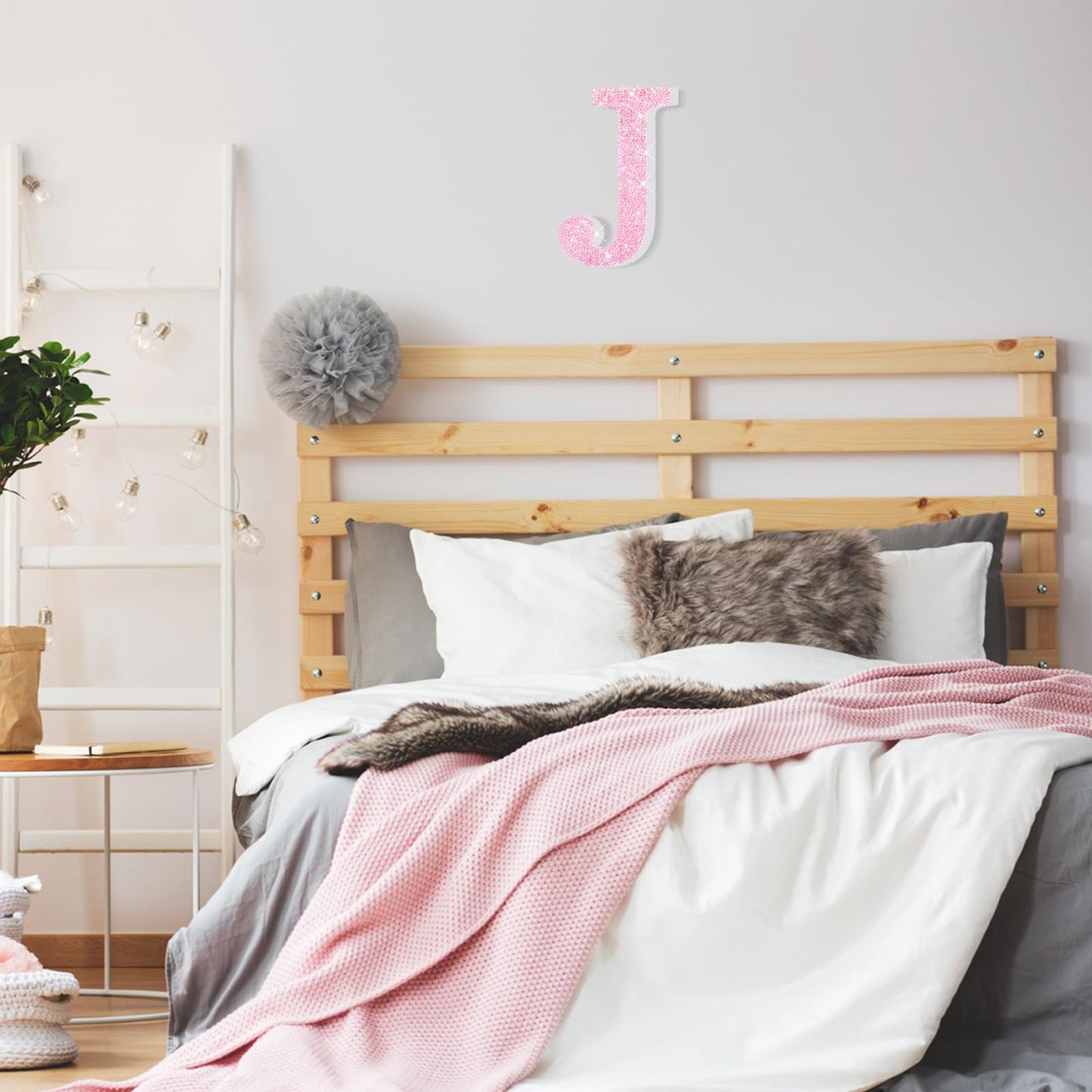 Qunclay Pink Crystal Diamond Letter Wall Decor, Glitter Wooden Bling
