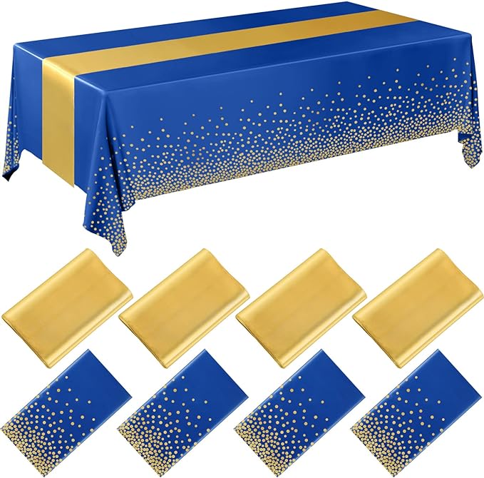 Breling 8 Pack Navy Blue and Gold Disposable Plastic Tablecloths and