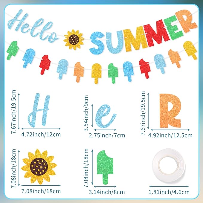 Hello Summer Banner Colorful Glitter Hello Summer Ice Cream Garland