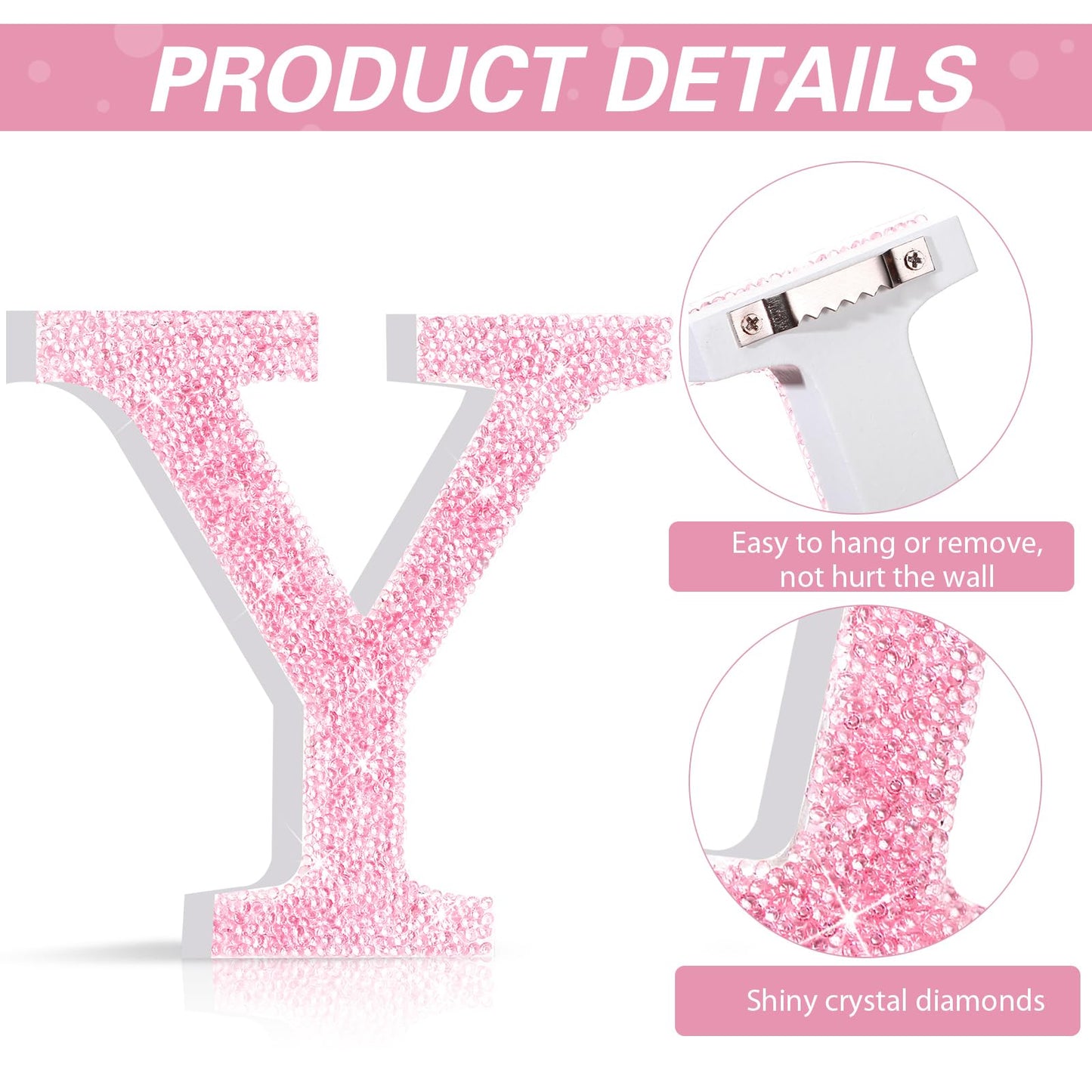 Qunclay Pink Crystal Diamond Letter Wall Decor, Glitter Wooden Bling