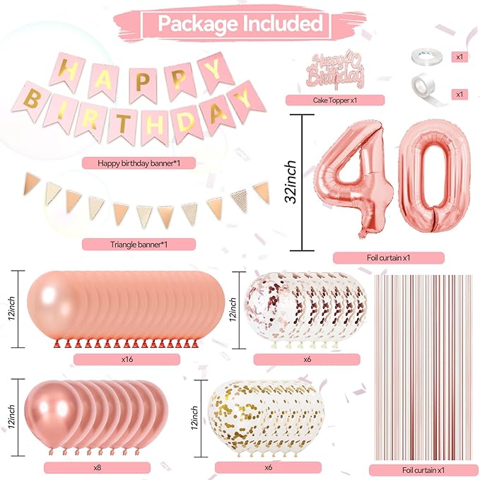 40th Rose Gold Birthday Decorations For Women Number 40 Balloons