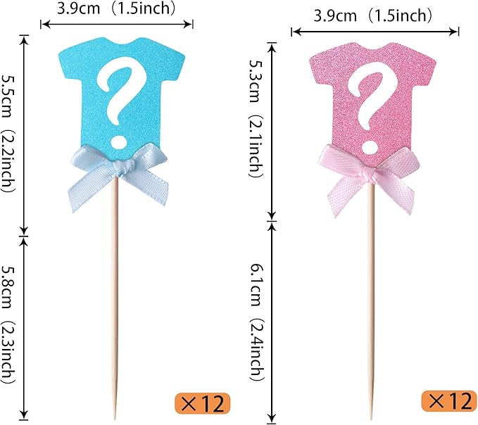24 Pack Gender Reveal Cupcake Toppers Glitter Onesie Question Mark