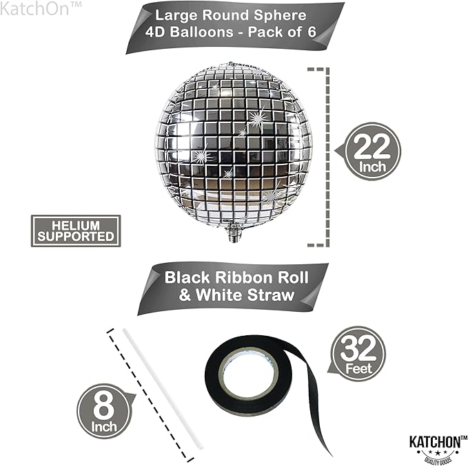 KatchOn, Silver Disco Ball Balloons - Huge 22 Inch, Pack of 6 | 4D