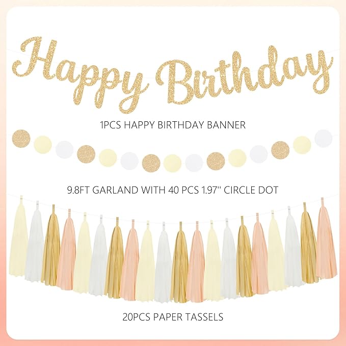 Happy Birthday Decorations for Women Girls - Gold Boho Birthday