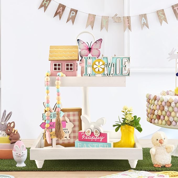 Spring Easter Decorations 8 Pieces Tiered Tray Decor Set Cute