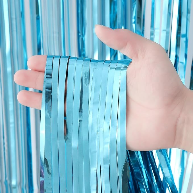 Voircoloria 2 Pack 3.3x8.2 Feet Light Blue Foil Fringe Backdrop
