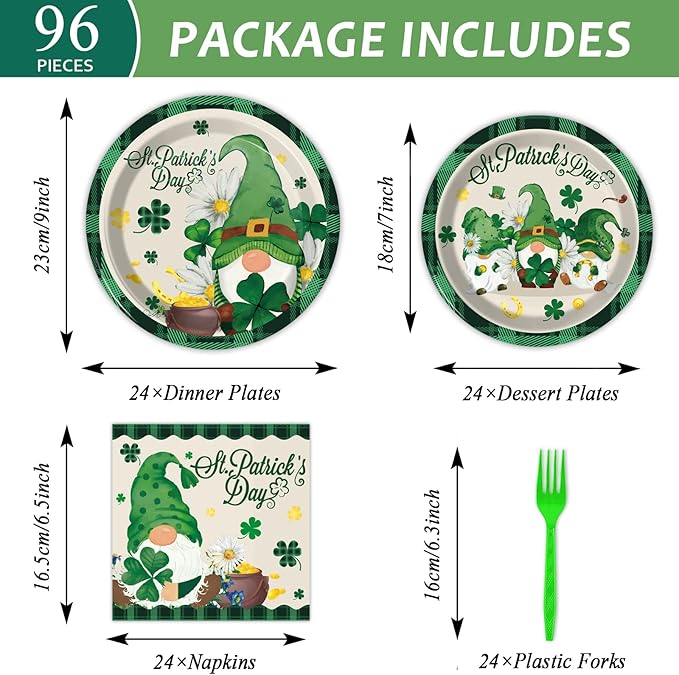 96 Pcs St Patrick's Day Plates and Napkins Green Shamrock Gnome