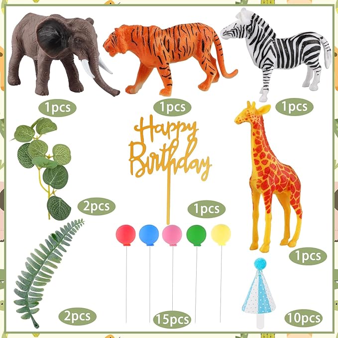 34 Pcs Safari Animal Cake Toppers with Mini Birthday Party Hats