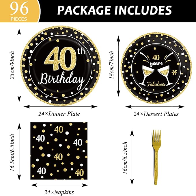96 Pcs 40th Birthday Plates and Napkins Party Supplies Black Gold